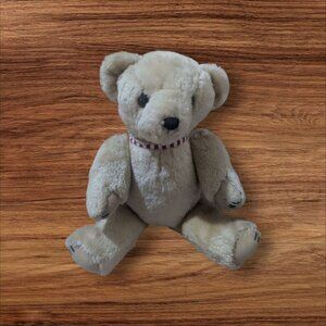 Vintage Beige Teddy Bear W/ Red & White Striped Collar Plush Toy Collectible 12"
